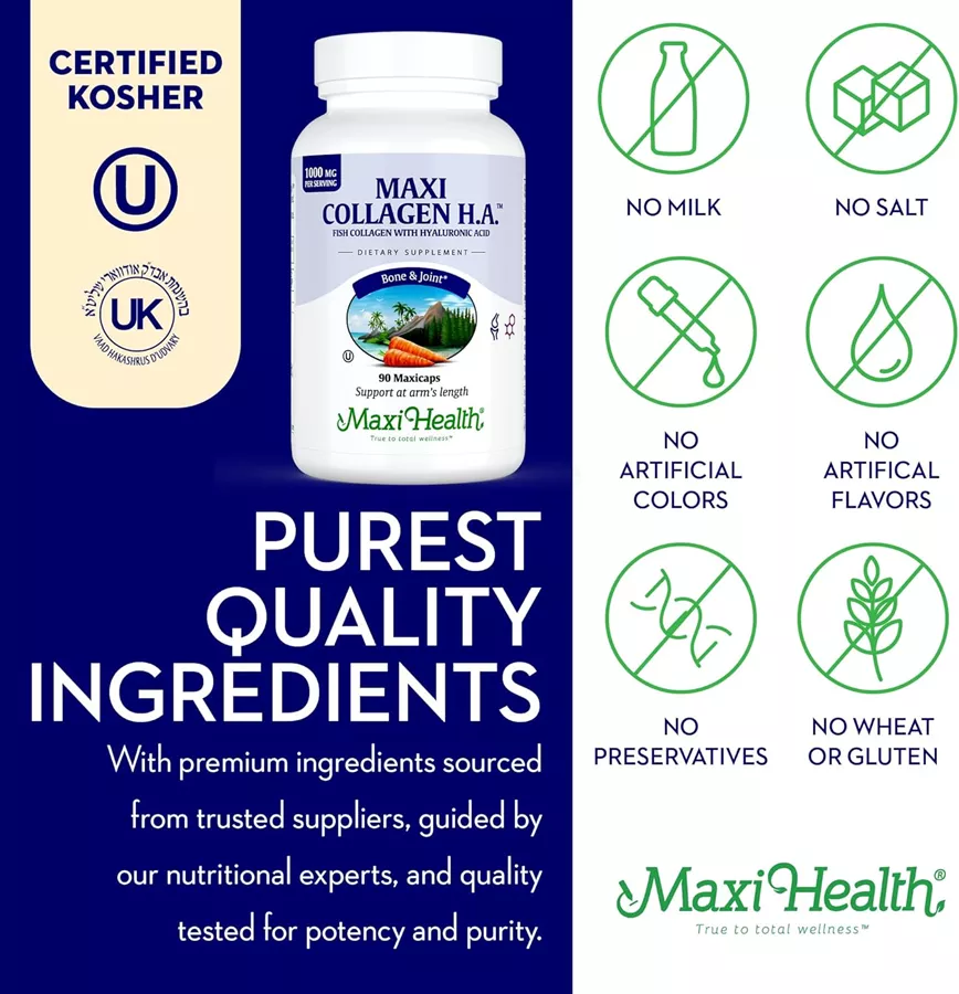 מקסי הלט קולגן 100 מ״ג 90 כמוסות | Maxi Health Collagen H.A. 1000 Mg 90 Caps