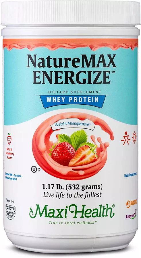 נייצרמקס אבקת חלבון חלבי בטעם תות מקסי הלט Naturemax Energize Strawberry Whey 1.17 Lb