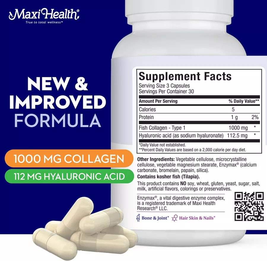 מקסי הלט קולגן 100 מ״ג 90 כמוסות | Maxi Health Collagen H.A. 1000 Mg 90 Caps